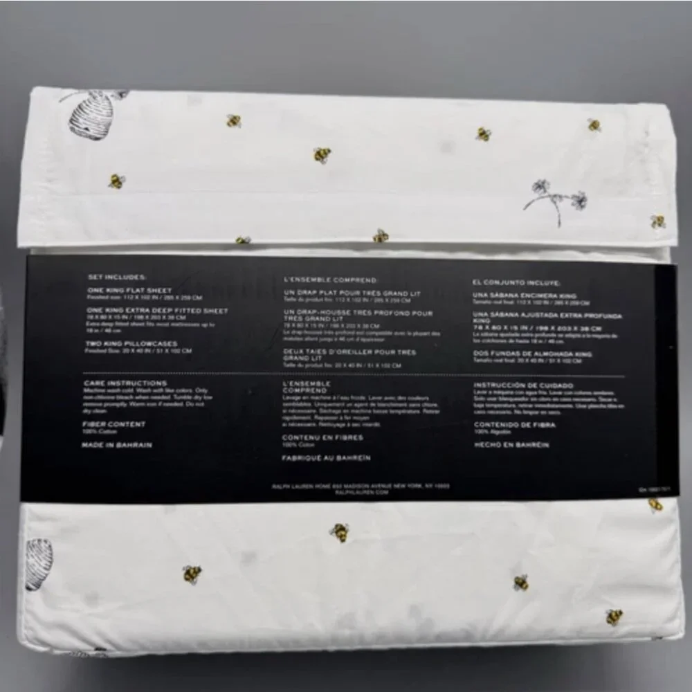 Ralph Lauren KING Sheet Set Bumble Bee Hive Flowers Cotton 18
